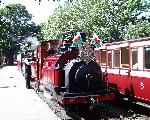‘Prince’ leading ‘Linda’ at Minffordd with the headboard used for the royal train to Rhyd-Ddu a few days previously.   (03/08/2003)