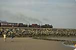 The evening light catches ‘Taliesin’, ‘David Lloyd George’ and ‘Earl of Merioneth’ along the Cob.       (30/04/2005)