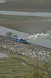 The Darjeeling ‘B’ Class No 19 and it’s two carriages run across the Cob.       (01/05/2005)