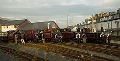 The crews of ‘Palmerston’, ‘Livingston Thompson’, ‘David Lloyd George’, ‘Merddin Emrys’ and ‘Taliesin’ stand in front of their steeds.       (16/10/2005)