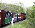 ‘Taliesin’ departs from Tanybwlch with a vintage train for Blaenau Ffestiniog, quarrymens carriage and small Birmingham's at the leading end   (04/05/2003)