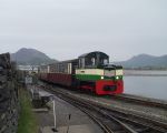 ‘Criccieth Castle’ passes Boston Lodge with the last public passenger train of the day   (04/05/2003)