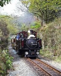 Nearing journey's end, ‘Taliesin’ runs in to Tanybwlch with the Talking Train.   (01/05/2004)