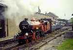 ‘River Mite’ pulls out over the crossover at the station throat, Ravenglass   (05/09/1991)