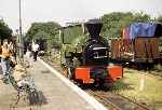 Kerr, Stuart Brazil class 0-4-2ST ‘Melior’ has arrived with another train and runs alongside the platform at Kemsley Down   (28/07/1996)