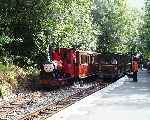 ‘Duncan’ runs past the waiting down train at Abergynolwyn station.   (01/08/2001)