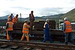 Unloading sleepers at Rhyd Ddu to mark the start of the Phase 4 construction project.       (18/09/2005)